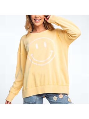 Easel Mineral Washed Smiley Happy Face Crewneck Pullover Top Size S